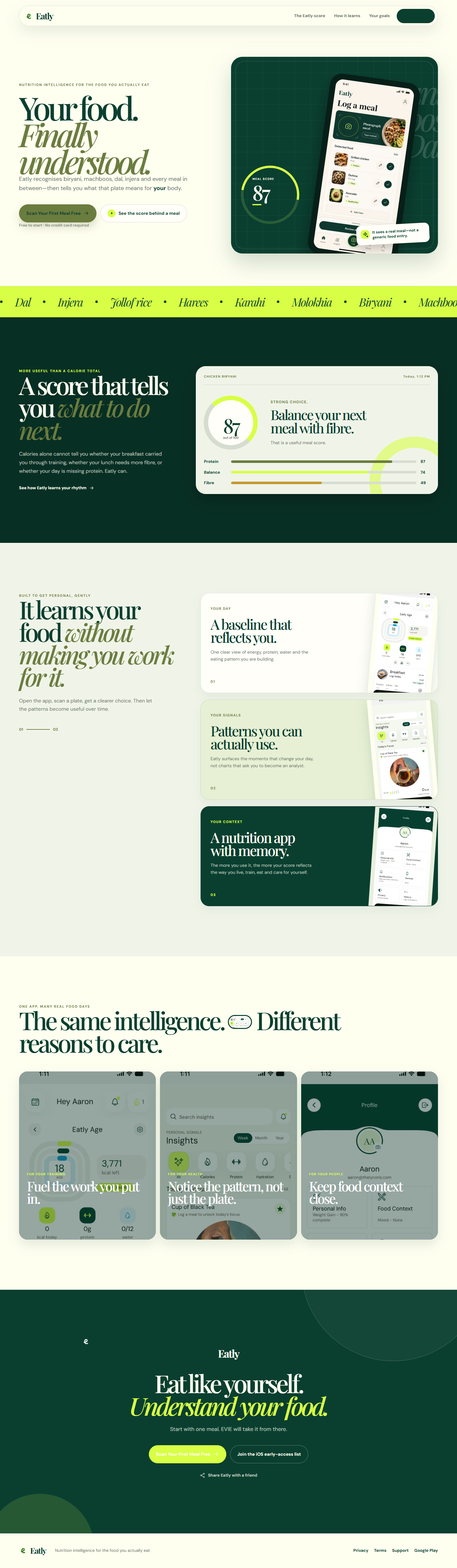The current Eatly product design, showing its food decision and meal score experience